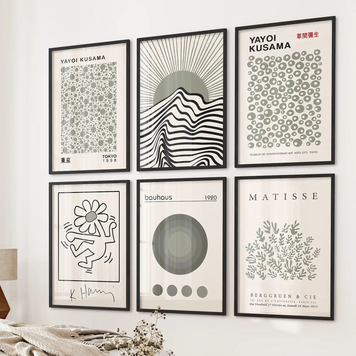 Gallery Wall Set of 6. Sage Green Bauhaus Prints Inspired by Kusama and Matisse