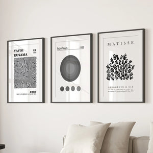 Black White Kusama, Matisse, Bauhaus Posters. Art Set of 3