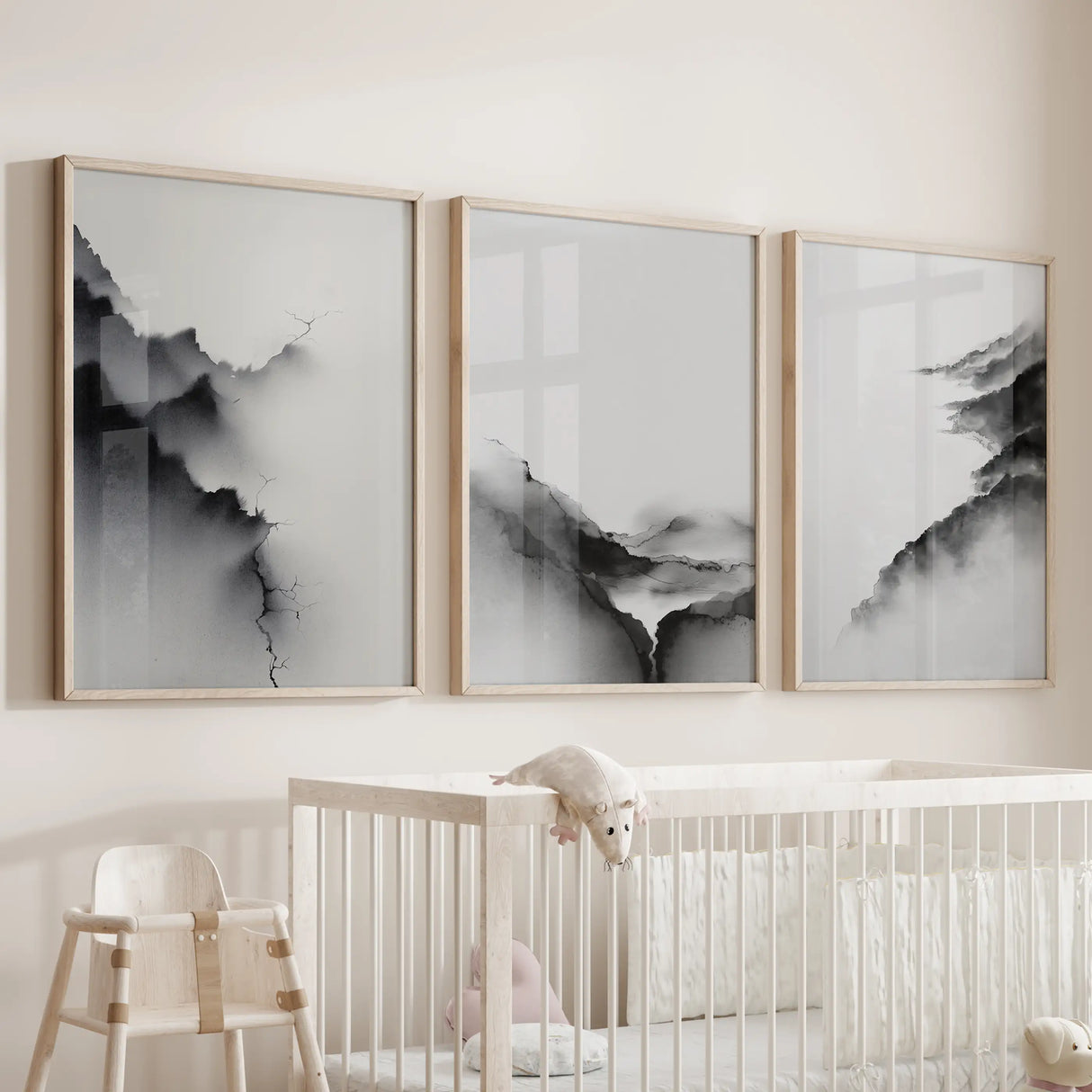 Black White Mountain Landscape Art Set of 3. Calming Nature