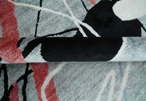 Modern Artistic Rug 8x10 Gray, Blue, Rust and Black Abstract Hand Knotted Bamboo Silk Area Rug