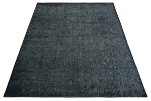 Modern Classic 8x10 Solid Plain Black and Silver Blended Hand Loomed Modern Scandinavian Art Silk Area Rug
