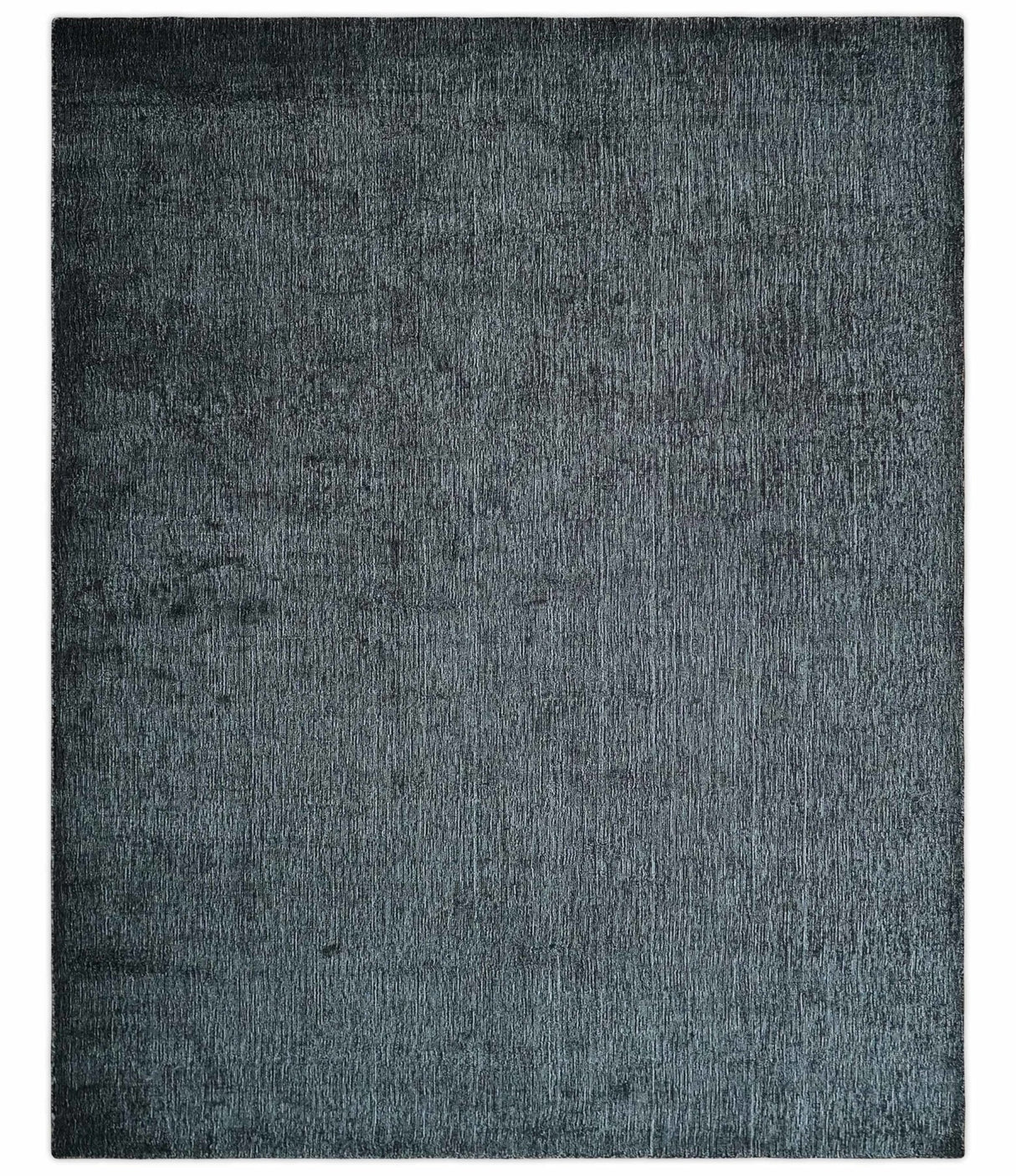 Modern Classic 8x10 Solid Plain Black and Silver Blended Hand Loomed Modern Scandinavian Art Silk Area Rug