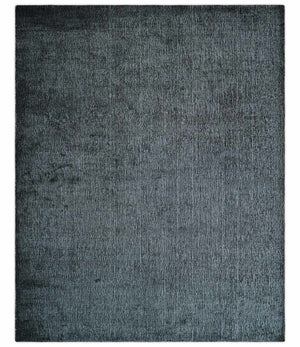 Modern Classic 8x10 Solid Plain Black and Silver Blended Hand Loomed Modern Scandinavian Art Silk Area Rug