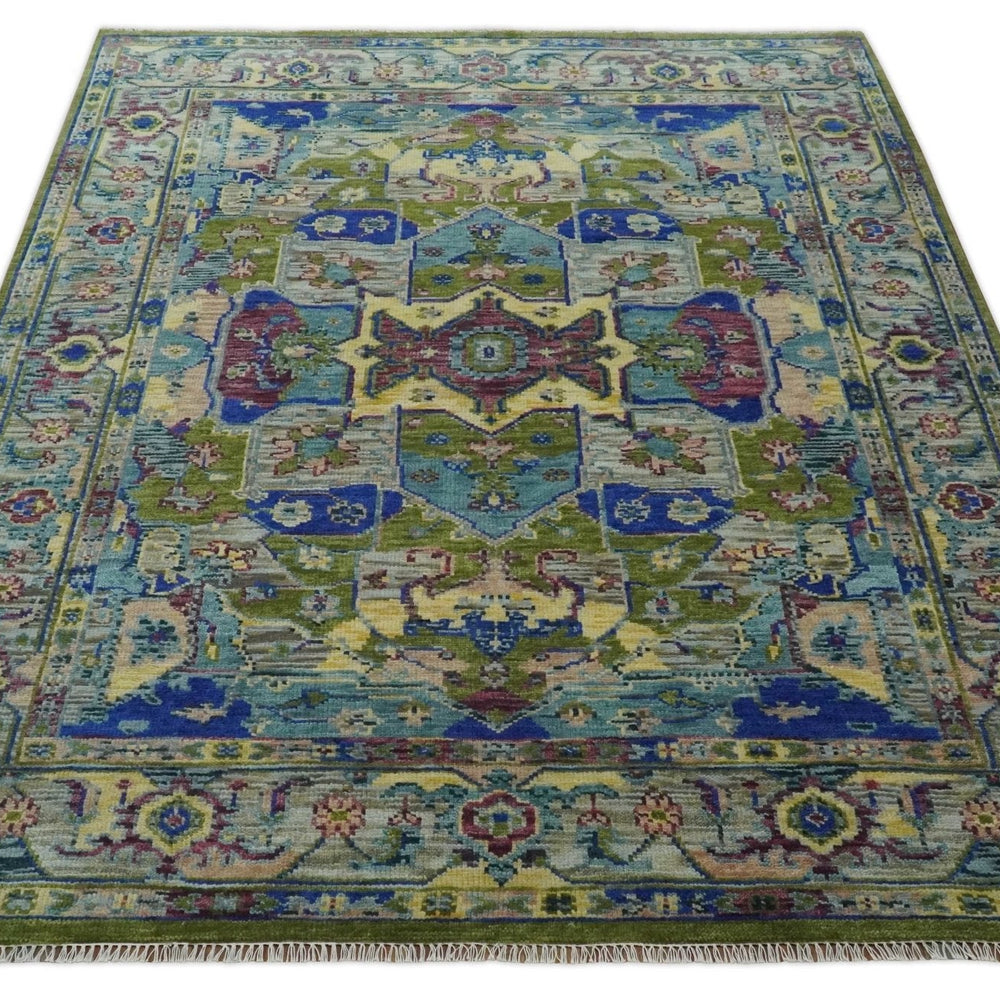 Modern Colorful Moss Green, Blue and Silver Traditional Turkish Design Heriz Wool Area Rug