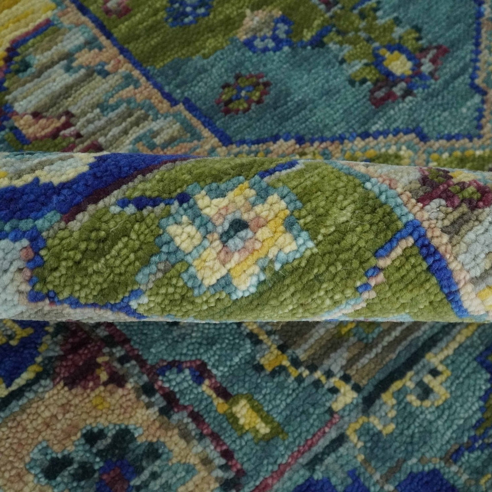 Modern Colorful Moss Green, Blue and Silver Traditional Turkish Design Heriz Wool Area Rug