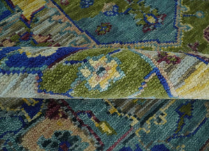 Modern Colorful Moss Green, Blue and Silver Traditional Turkish Design Heriz Wool Area Rug