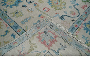 Vibrant Colorful Ivory and Aqua Hand Knotted Traditional Oushak Multi Size Wool Area Rug, Living Room Rug
