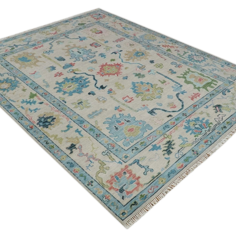 Vibrant Colorful Ivory and Aqua Hand Knotted Traditional Oushak Multi Size Wool Area Rug, Living Room Rug