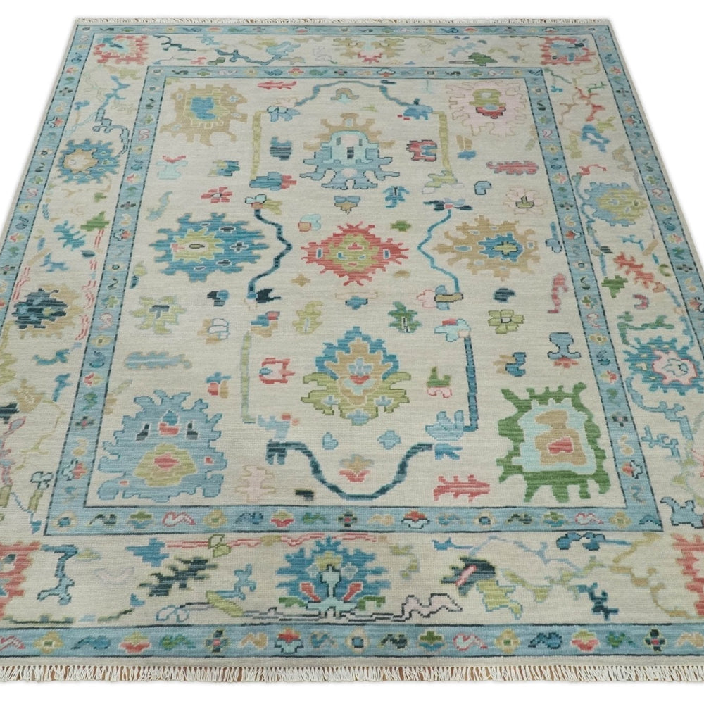 Vibrant Colorful Ivory and Aqua Hand Knotted Traditional Oushak Multi Size Wool Area Rug, Living Room Rug