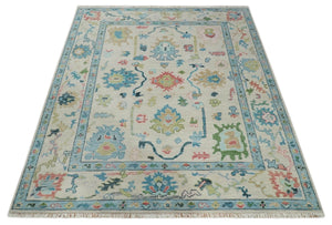 Vibrant Colorful Ivory and Aqua Hand Knotted Traditional Oushak Multi Size Wool Area Rug, Living Room Rug