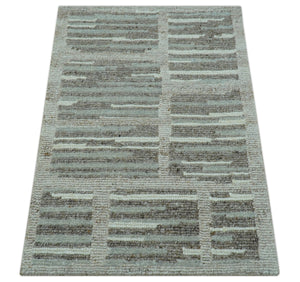 Modern Contemporary Beige And Gray Hand Knotted 2x3 Wool Area Rug