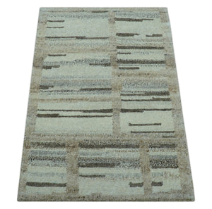Modern Contemporary Beige Hand Knotted 2x3 Wool Area Rug