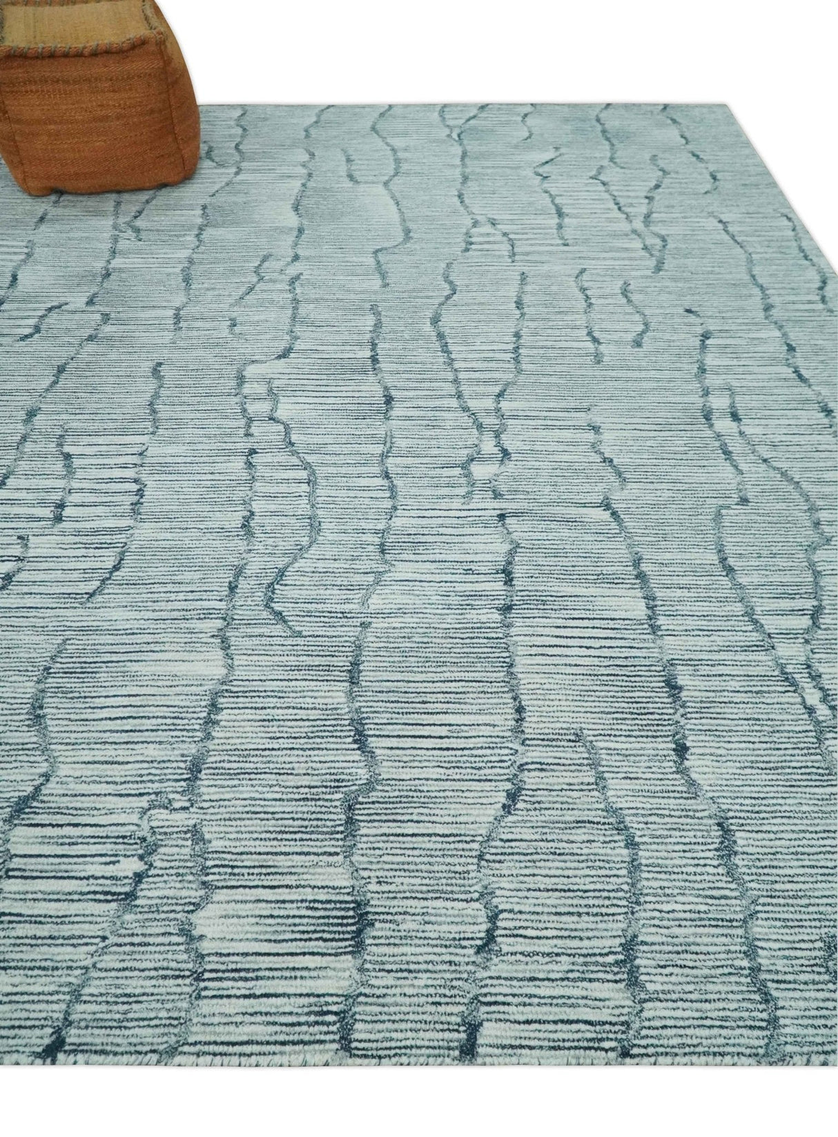 Modern Contemporary Woolen White and Blue Hand Tufted Area Rug