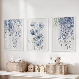 Blue Wall Art Set of 3. Wisteria, Flax Botanical Prints