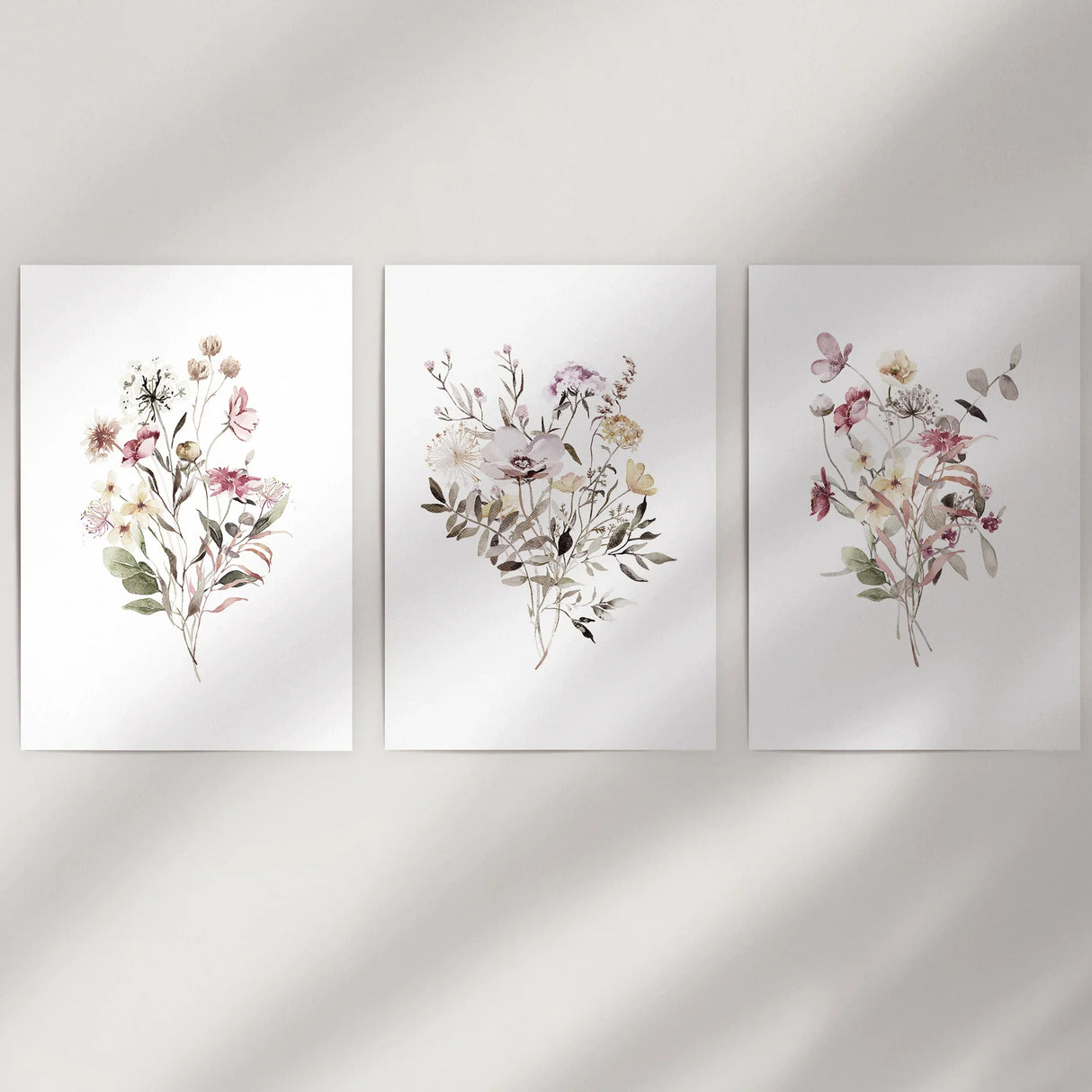 Floral Art Set of 3. Watercolor Wildflower Bouquet Prints