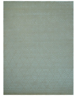 Modern Geometric Pattern Ivory And Beige Hand Knotted 9x12 Area Rug