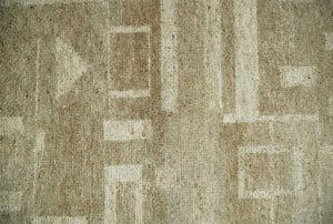 Modern Geometrical Dark Beige and Ivory Hand Knotted 5x8 Wool Area Rug