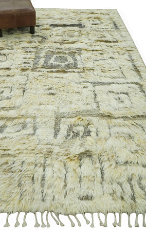 Modern Geometrical Ivory and Gray Texture 9x12 Moroccan Style Plush Pile wool Rug