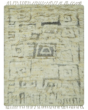 Modern Geometrical Ivory and Gray Texture 9x12 Moroccan Style Plush Pile wool Rug