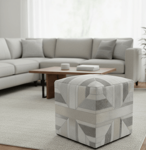 Modern Geometrical Ivory, Gray, Beige Genuine Leather Pouf