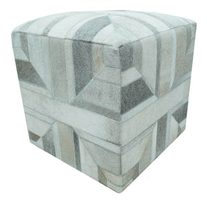 Modern Geometrical Ivory, Gray, Beige Genuine Leather Pouf