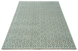 Modern Geometrical Ivory, Teal and Brown Hand Knotted 8x10 wool Area Rug