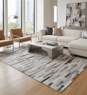 Modern Geometrical Leather Striped Silver and Ivory Leather Custom Made Area Rug