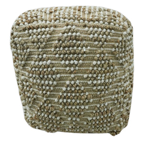 Modern Geometrical Natural Brown and Ivory Design Jute and wool Pouf