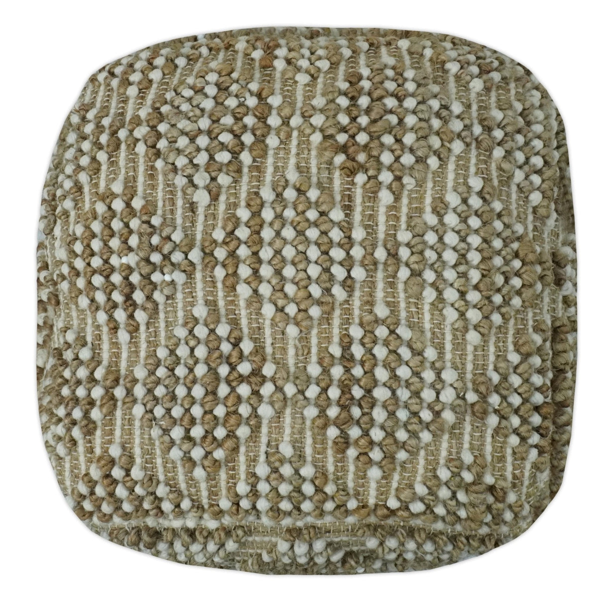 Modern Geometrical Natural Brown and Ivory Design Jute and wool Pouf