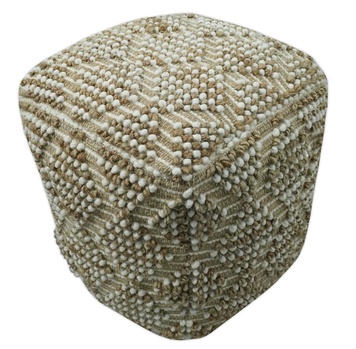 Modern Geometrical Natural Brown and Ivory Design Jute and wool Pouf