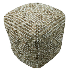Modern Geometrical Natural Brown and Ivory Design Jute and wool Pouf