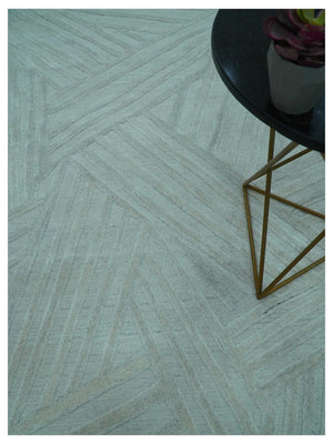 Modern Geometrical Pattern Ivory and Silver Hand Knotted 10x13 Wool Rug