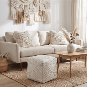 Modern Geometrical Pattern White Hand Woven Wool Pouf