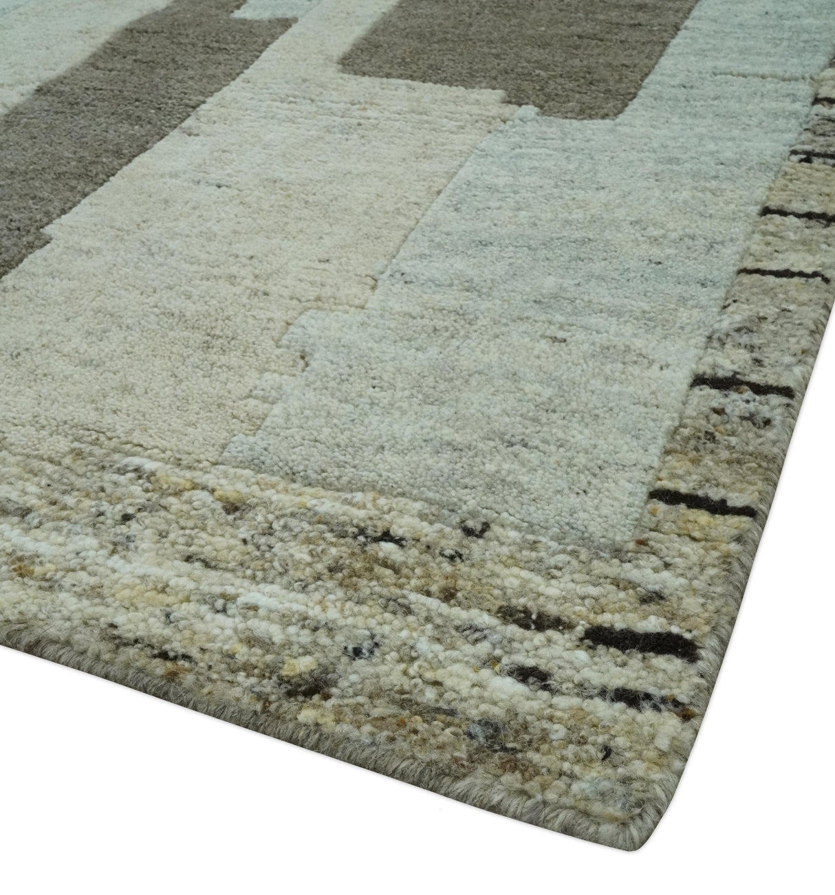 Modern Geometrical Silver, Ivory and Charcoal Hand Knotted 5x8 wool area Rug