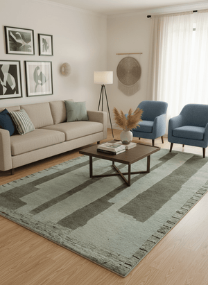 Modern Geometrical Silver, Ivory and Charcoal Hand Knotted 5x8 wool area Rug