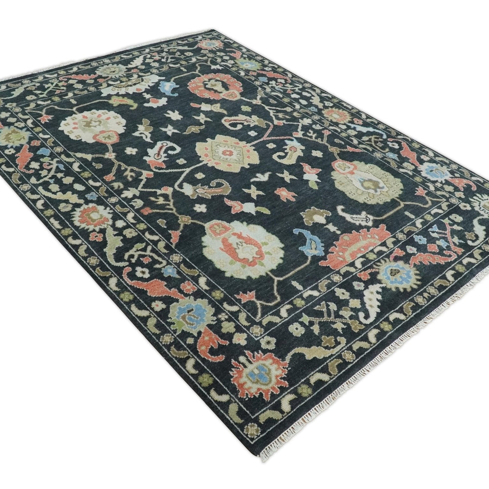 Modern Hand Knotted Black and Multicolor Oushak Custom Made Wool Rug