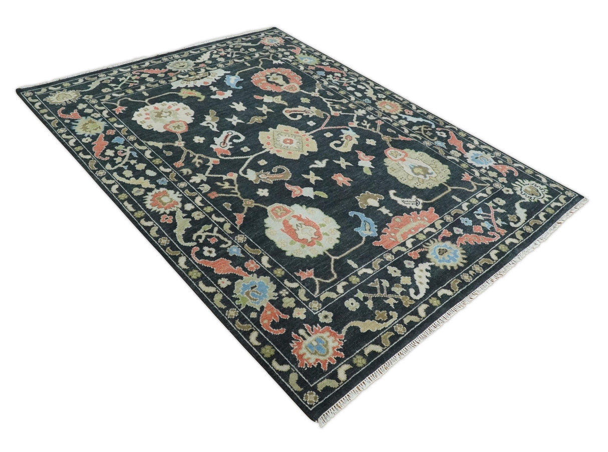 Modern Hand Knotted Black and Multicolor Oushak Custom Made Wool Rug