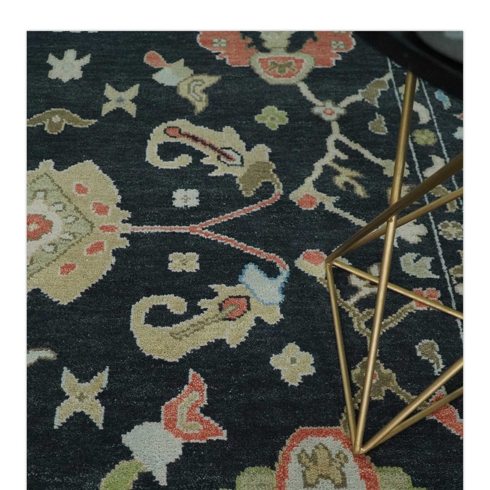 Modern Hand Knotted Black and Multicolor Oushak Custom Made Wool Rug