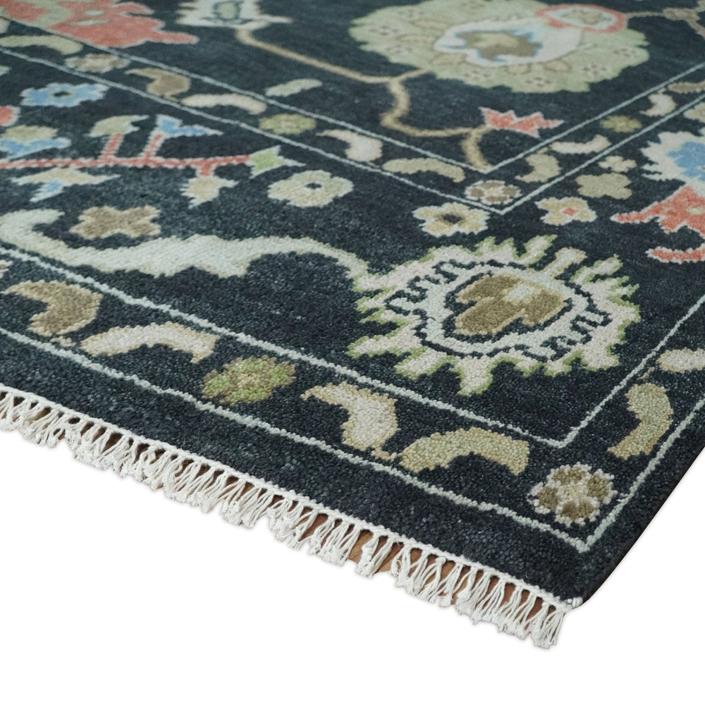 Modern Hand Knotted Black and Multicolor Oushak Custom Made Wool Rug