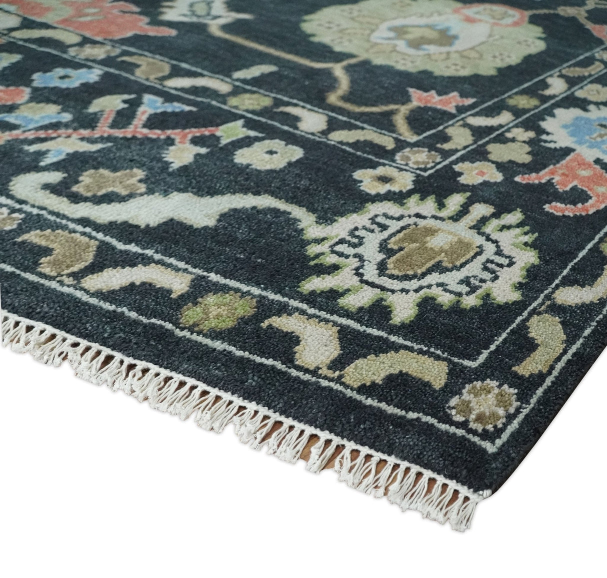 Modern Hand Knotted Black and Multicolor Oushak Custom Made Wool Rug