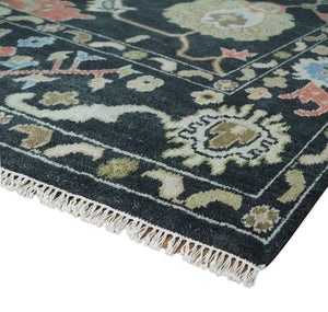 Modern Hand Knotted Black and Multicolor Oushak Custom Made Wool Rug