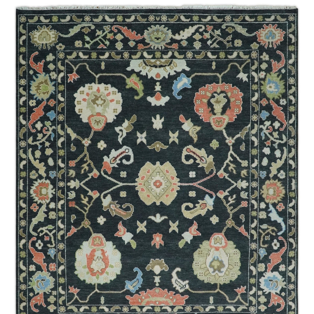 Modern Hand Knotted Black and Multicolor Oushak Custom Made Wool Rug