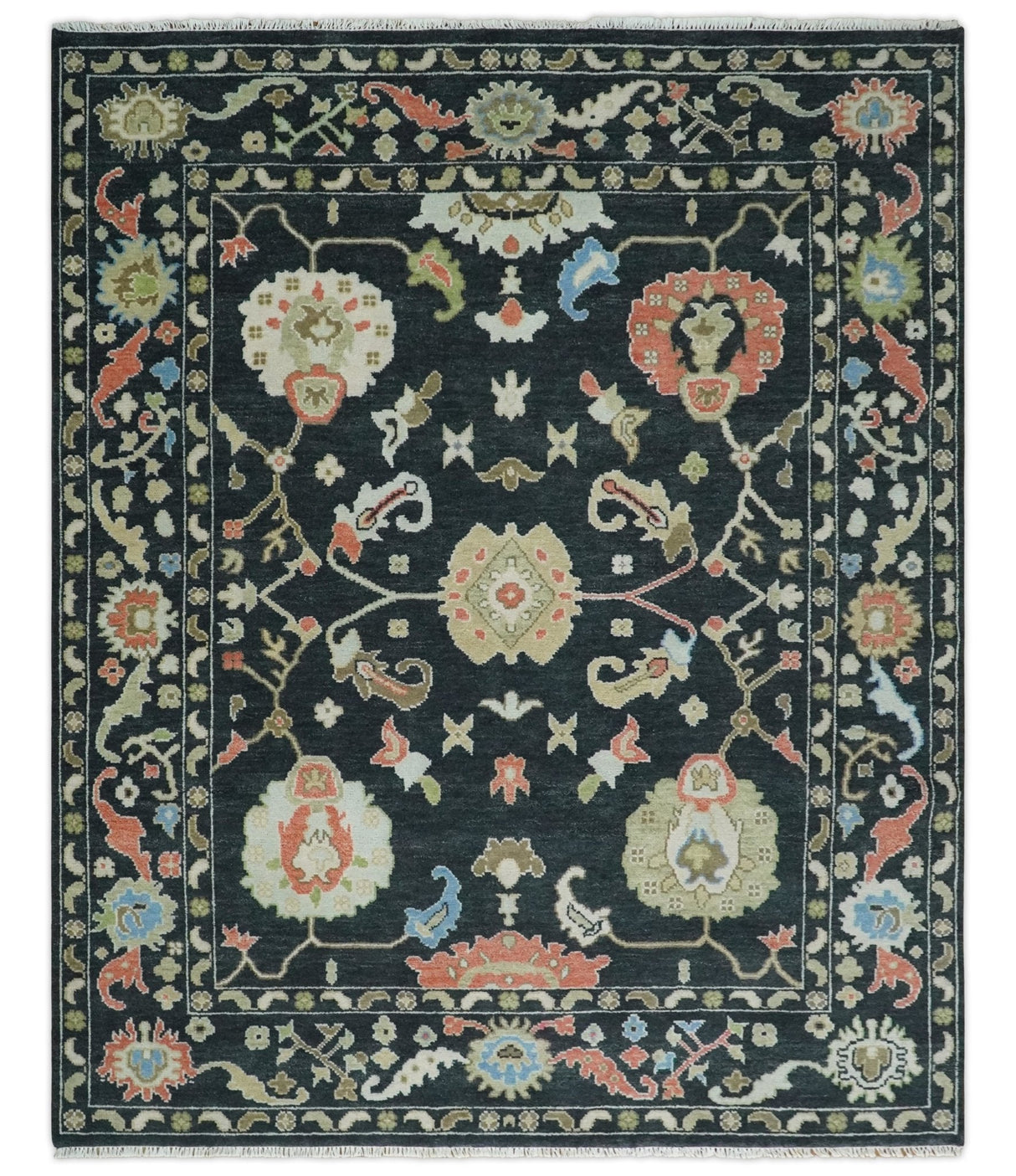 Modern Hand Knotted Black and Multicolor Oushak Custom Made Wool Rug