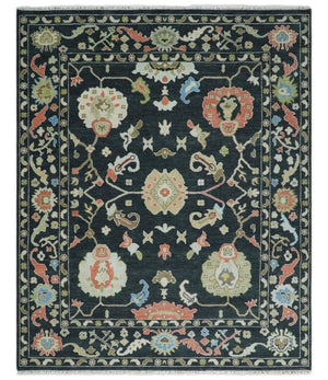 Modern Hand Knotted Black and Multicolor Oushak Custom Made Wool Rug
