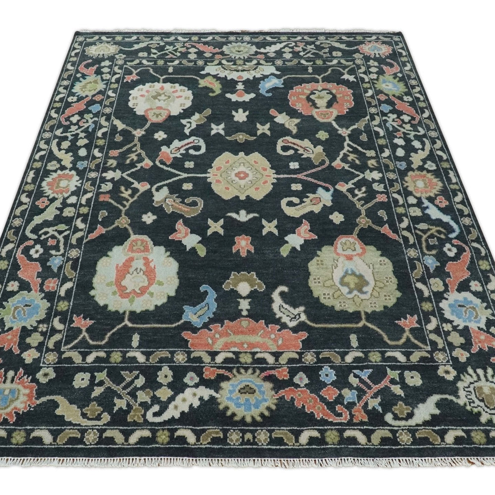 Modern Hand Knotted Black and Multicolor Oushak Custom Made Wool Rug