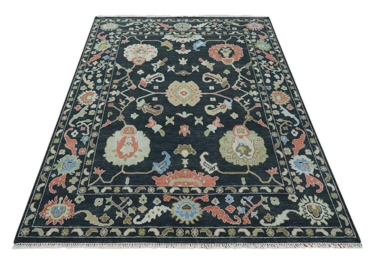 Modern Hand Knotted Black and Multicolor Oushak Custom Made Wool Rug