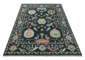 Modern Hand Knotted Black and Multicolor Oushak Custom Made Wool Rug