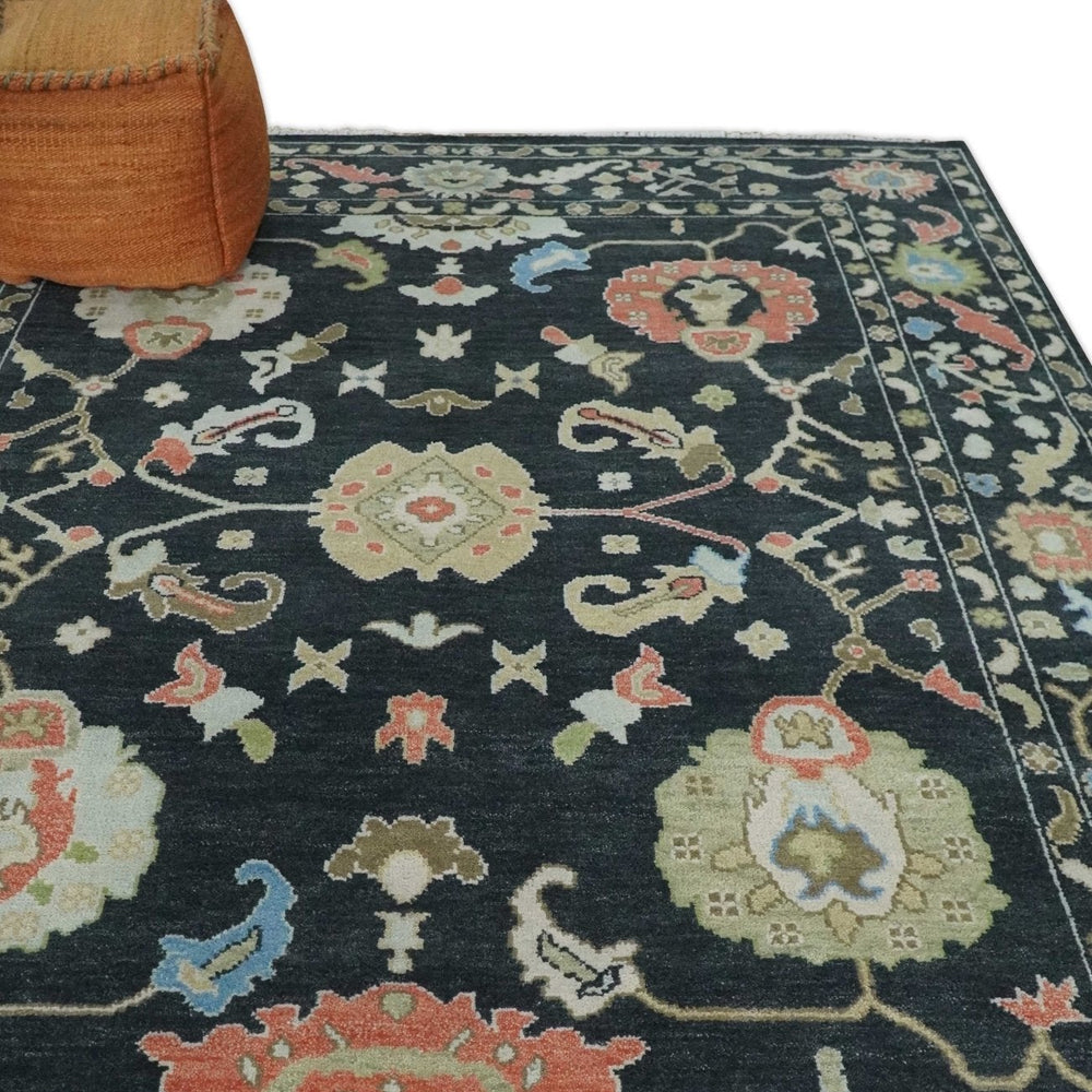 Modern Hand Knotted Black and Multicolor Oushak Custom Made Wool Rug