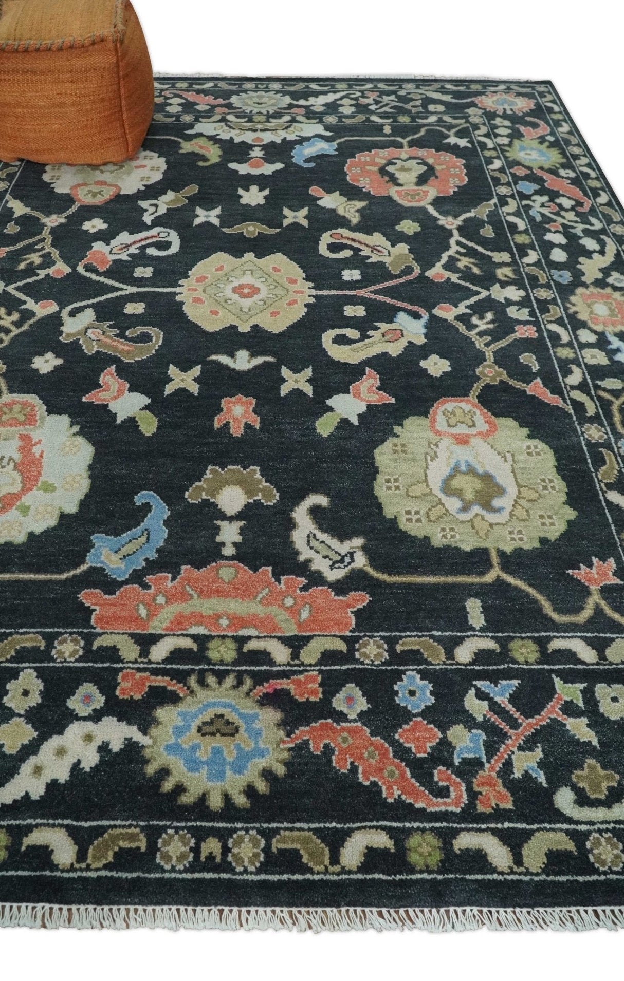 Modern Hand Knotted Black and Multicolor Oushak Custom Made Wool Rug
