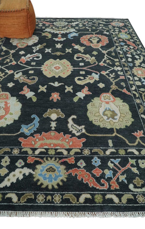 Modern Hand Knotted Black and Multicolor Oushak Custom Made Wool Rug